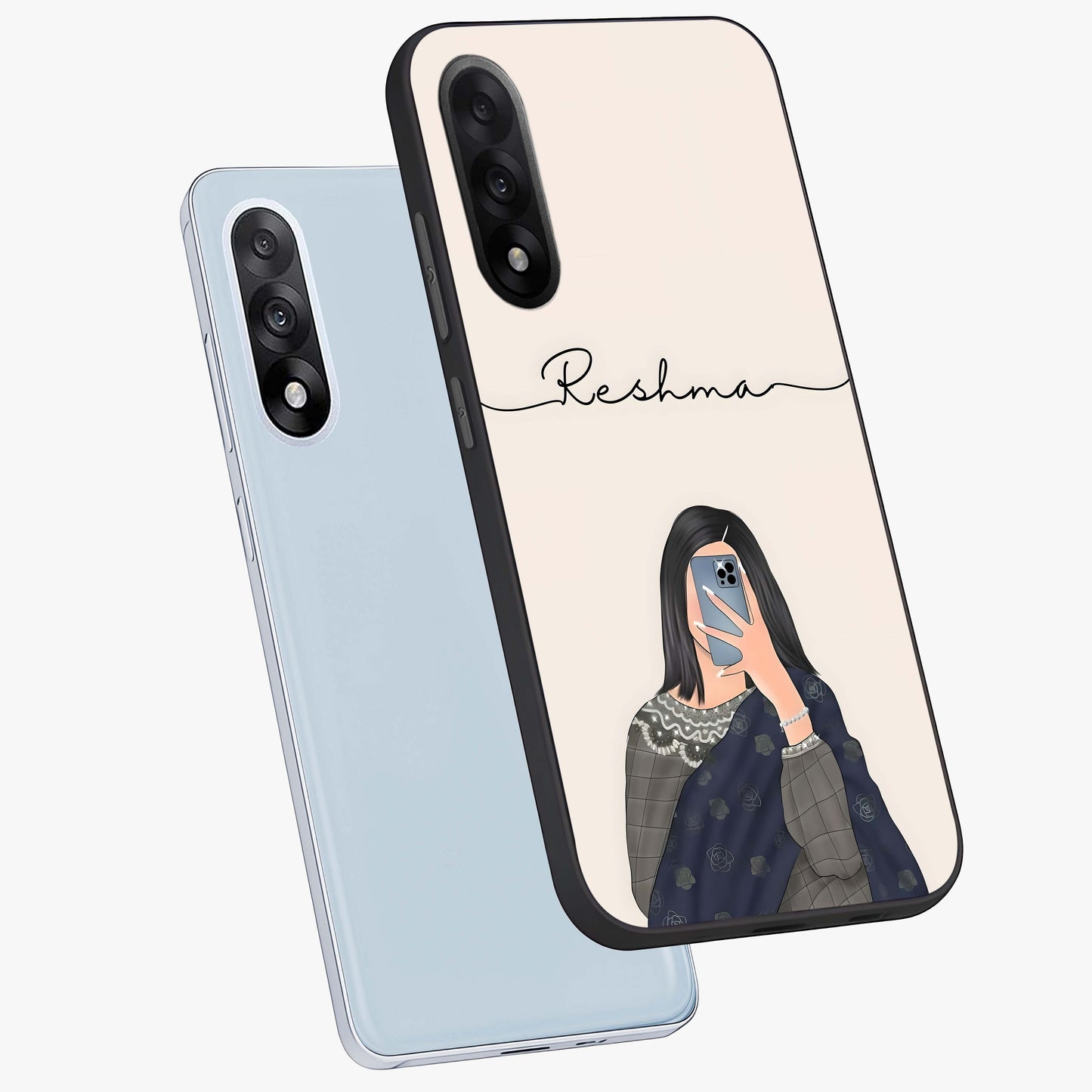 Mirror Mood Muse With Custom Name Glass Case for 1+Nord 5 angled mockup showcasing glossy finish and modern design tones