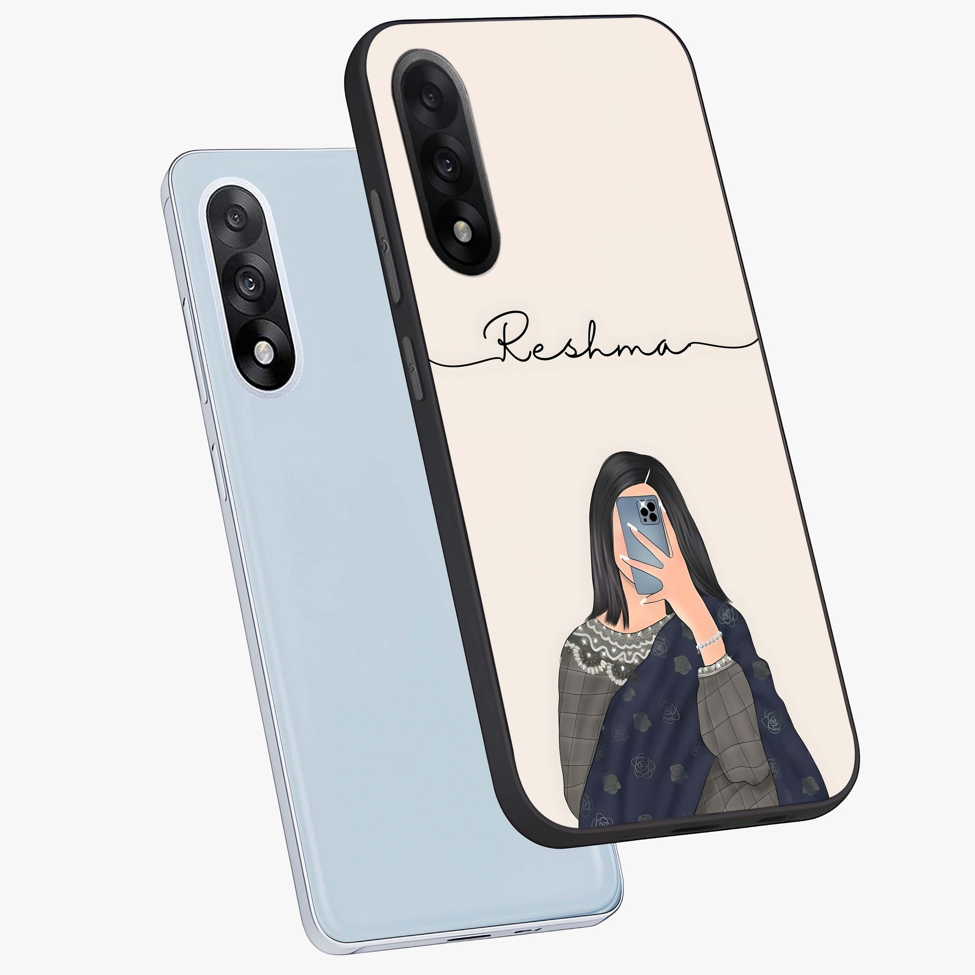 Mirror Mood Muse With Custom Name Glass Case for 1+Nord 5 angled mockup showcasing glossy finish and modern design tones
