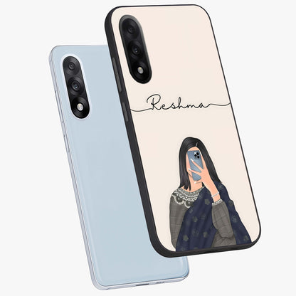 Mirror Mood Muse With Custom Name Glass Case for 1+Nord 5 angled mockup showcasing glossy finish and modern design tones