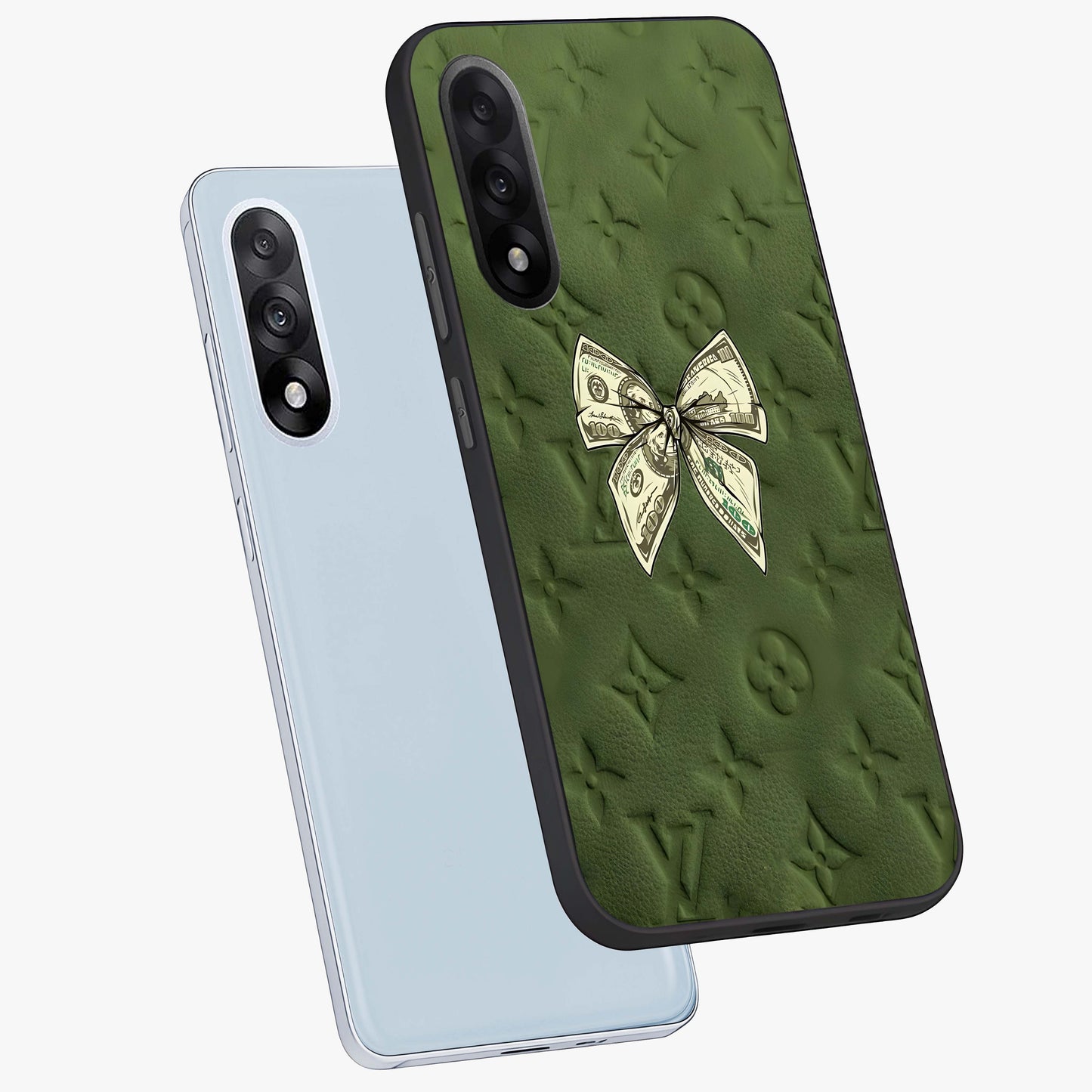 Money Bow Lv Glass Case for 1+Nord 5 angled mockup showcasing glossy finish and premium aesthetic detailing