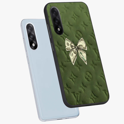 Money Bow Lv Glass Case for 1+Nord 5 angled mockup showcasing glossy finish and premium aesthetic detailing