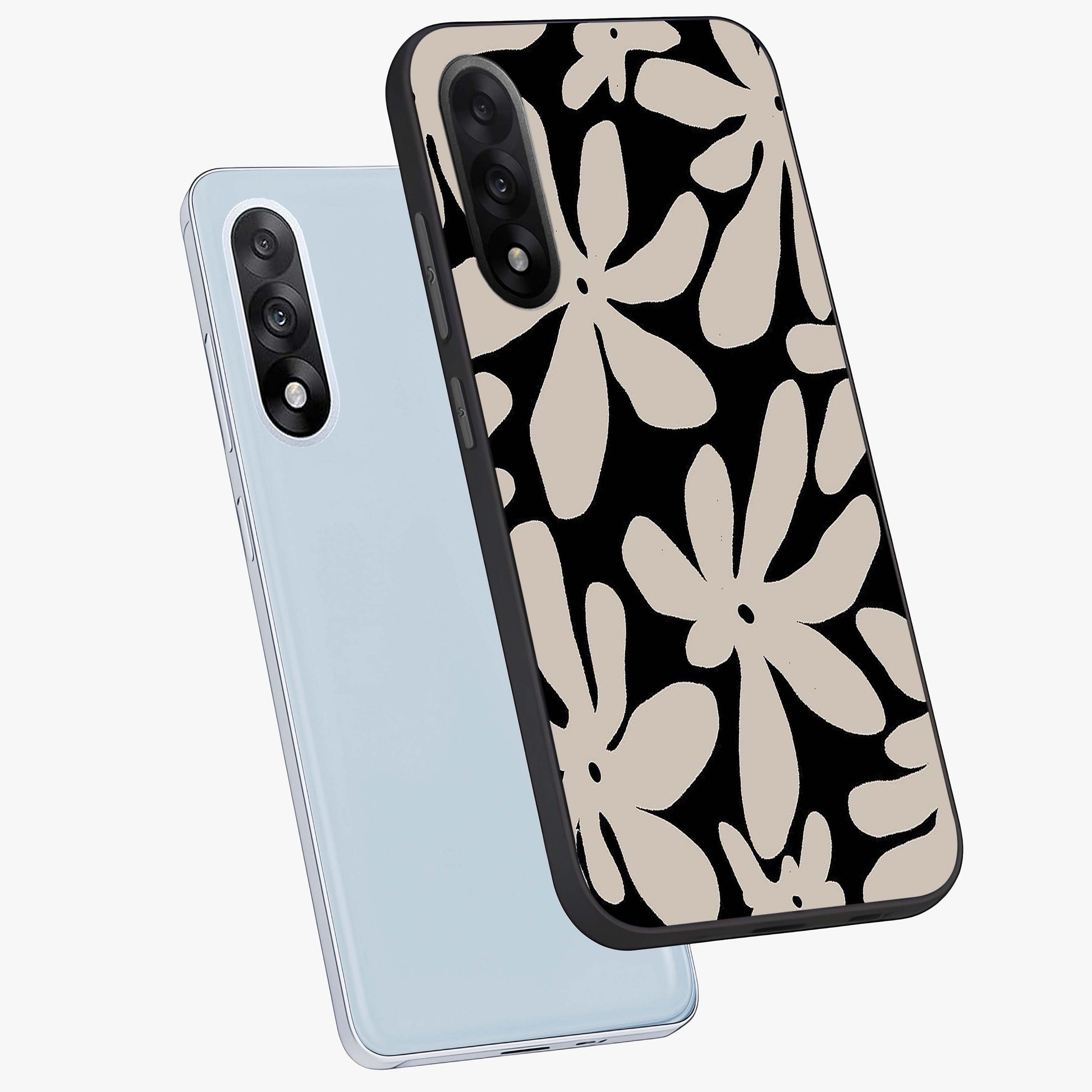 Monochrome Petal Dance Glass Case for 1+Nord 5 angled mockup showcasing glossy finish and elegant contrast detailing
