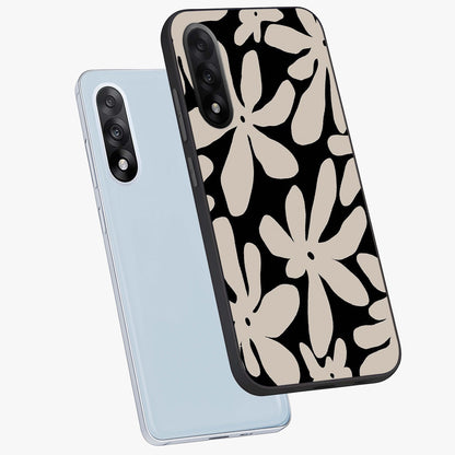 Monochrome Petal Dance Glass Case for 1+Nord 5 angled mockup showcasing glossy finish and elegant contrast detailing