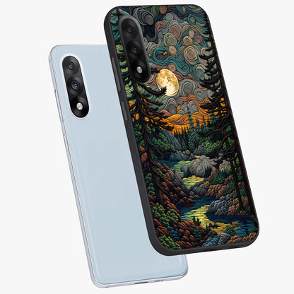 Moonlight Forest Dream Glass Case for 1+Nord 5 angled mockup showcasing glossy finish and deep night gradients
