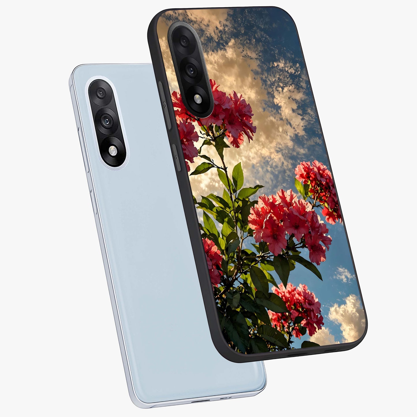 Moonlit Blossom Charm Glass Case for 1+Nord 5 angled mockup showcasing glossy glass finish and delicate bloom detailing