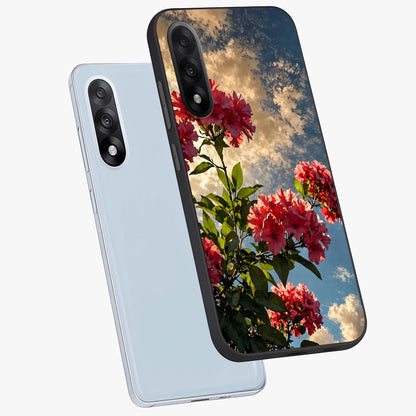 Moonlit Blossom Charm Glass Case for 1+Nord 5 angled mockup showcasing glossy glass finish and delicate bloom detailing