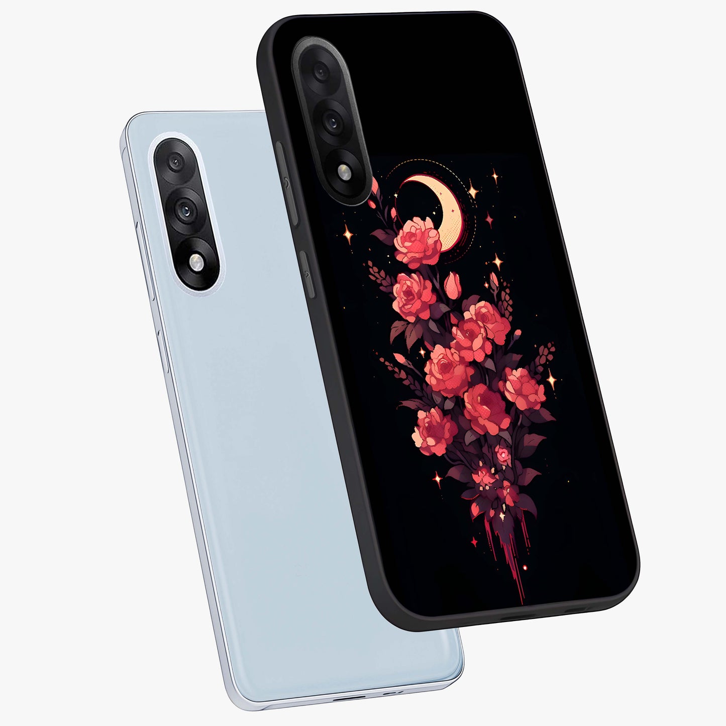 Moonlit Floral Elegance Glass Case for 1+Nord 5 angled mockup showcasing glossy finish and rich night tones