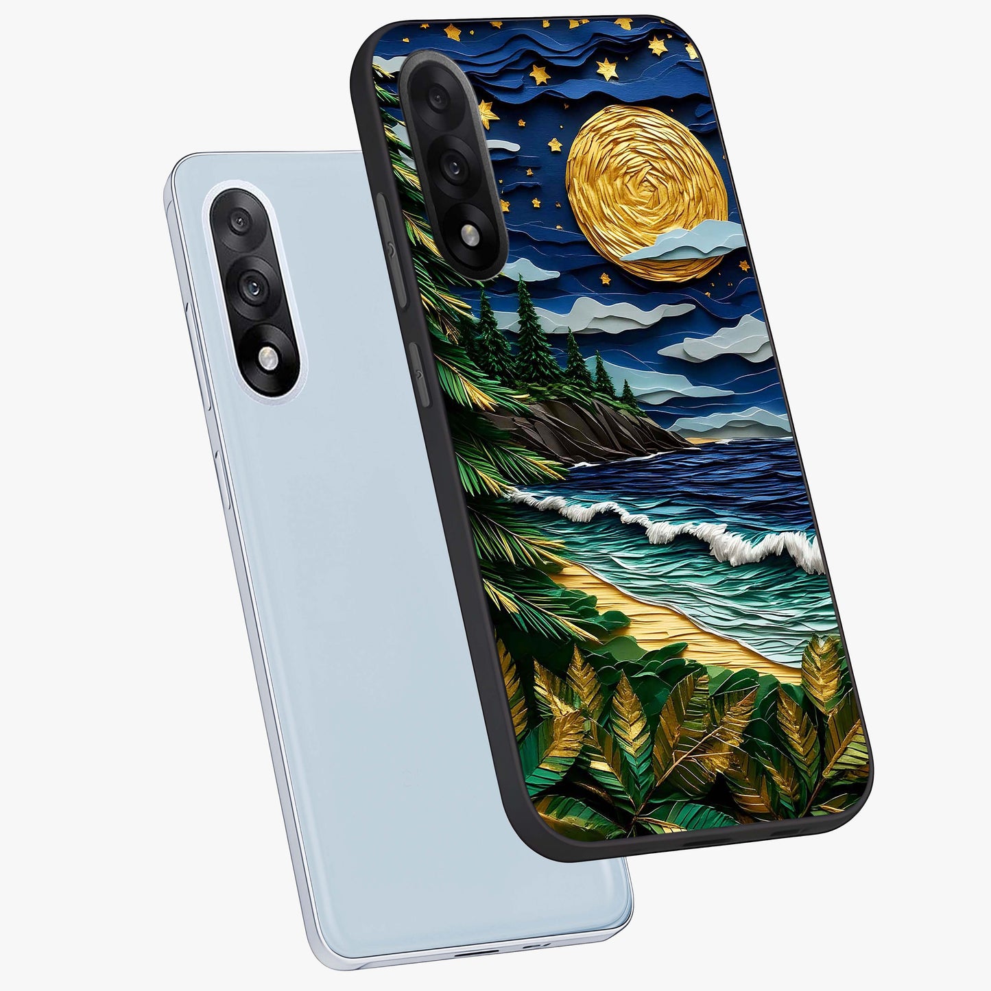 Moonlit Ocean Pines Glass Case for 1+Nord 5 angled mockup showcasing glossy finish and deep blue gradients