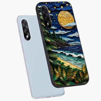 Moonlit Ocean Pines Glass Case for 1+Nord 5 angled mockup showcasing glossy finish and deep blue gradients