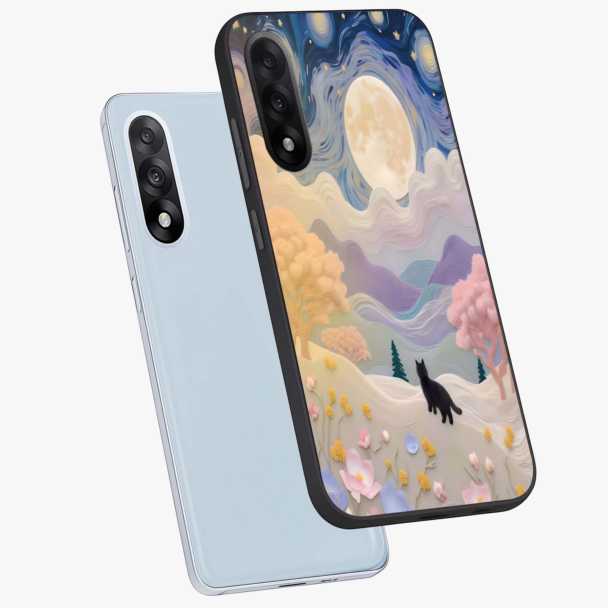 Moonlit Petal Path Glass Case for 1+Nord 5 angled mockup showcasing glossy finish and dreamy gradient tones