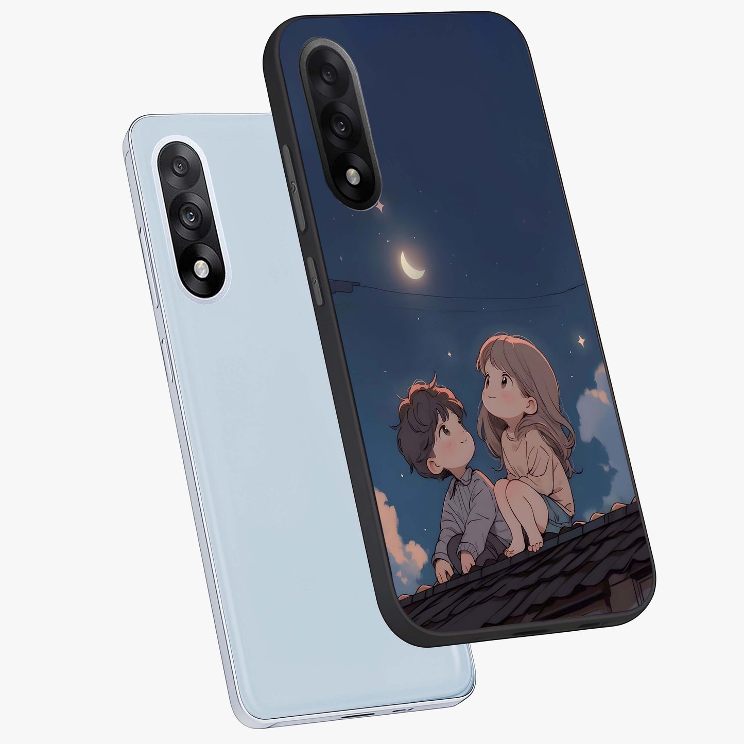 Moonlit Promise Together Glass Case for 1+Nord 5 angled mockup showcasing glossy finish and soft emotional detailing