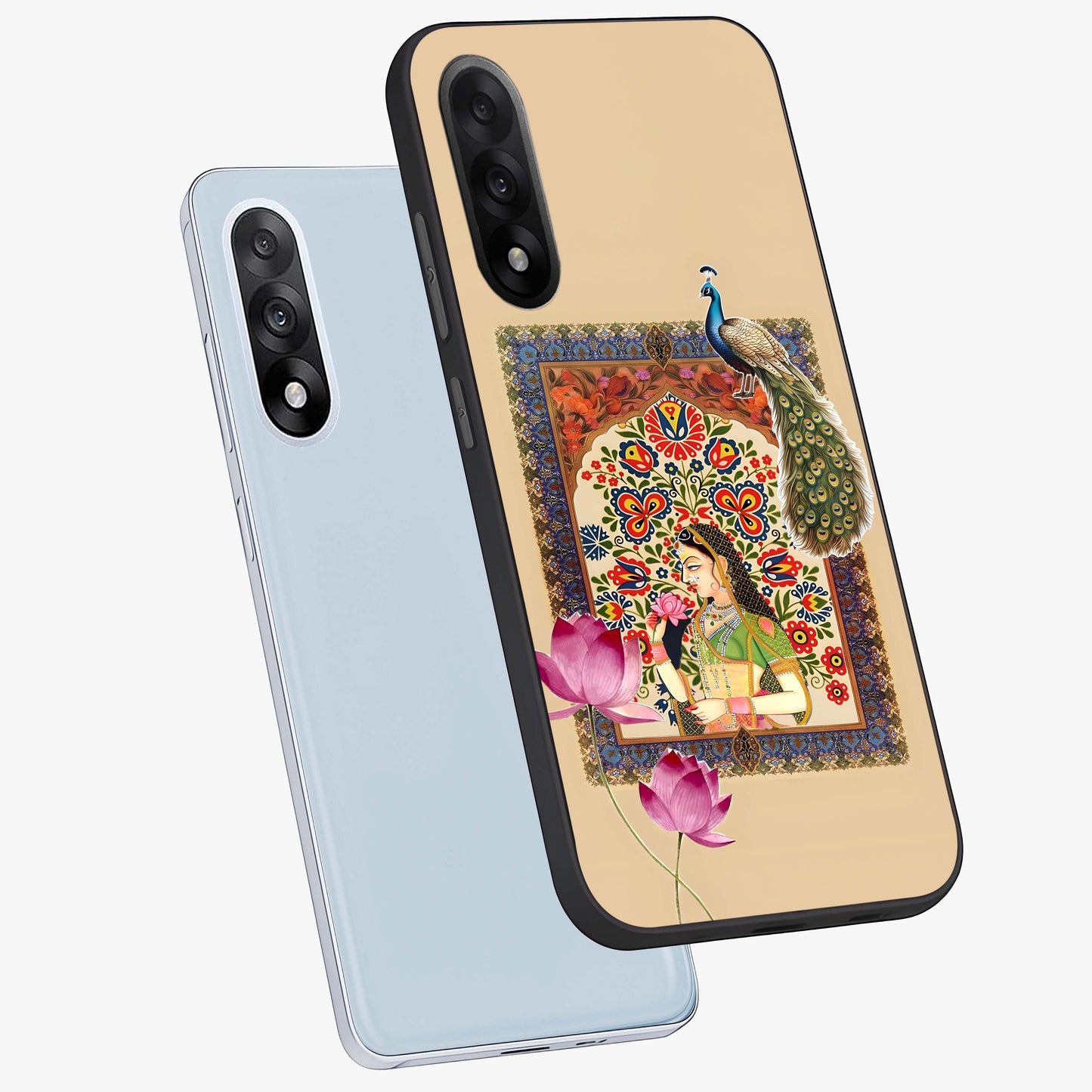Mughal Princess and Peacock Glass Case for 1+Nord 5 angled mockup showcasing glossy finish and rich heritage tones