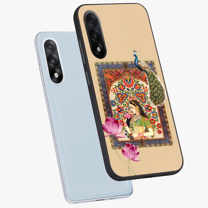 Mughal Princess and Peacock Glass Case for 1+Nord 5 angled mockup showcasing glossy finish and rich heritage tones