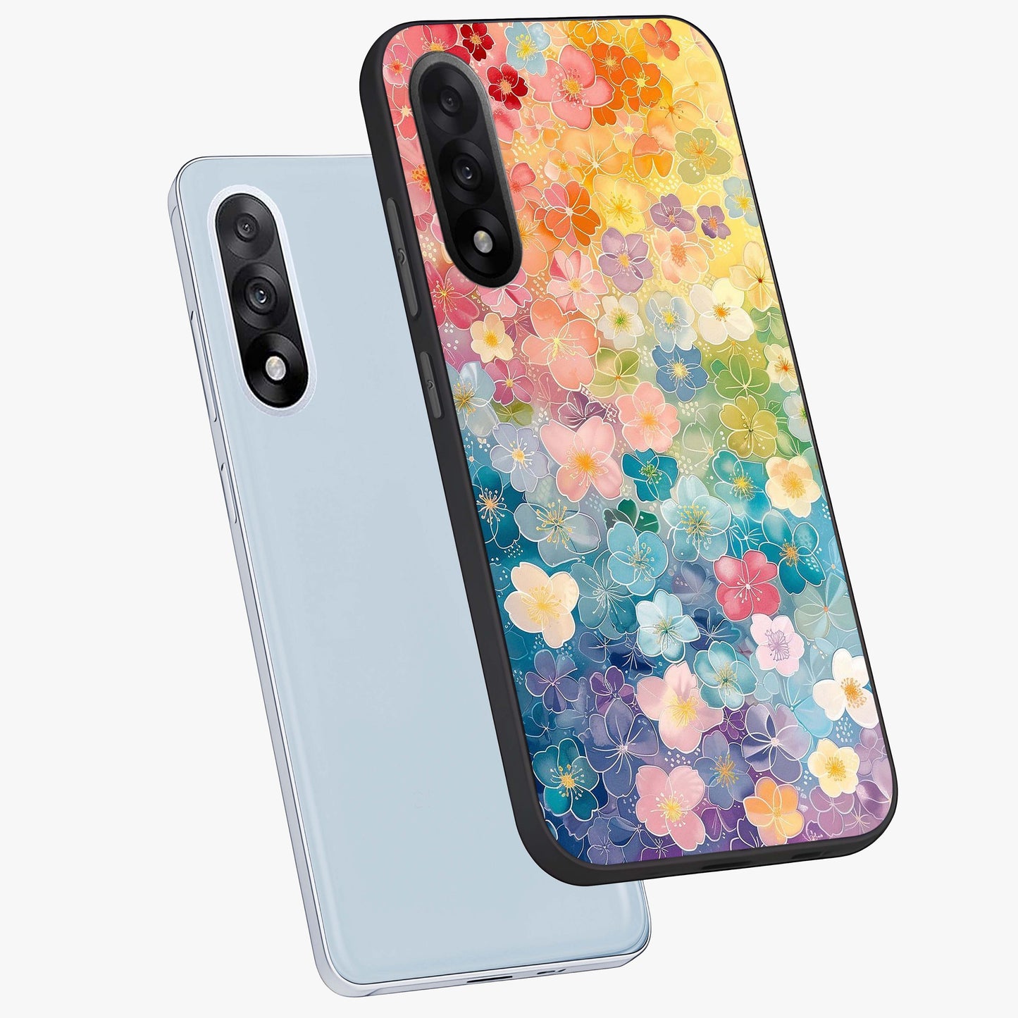 Multiple Background With Flower Glass Case for 1+Nord 5 angled mockup showcasing glossy glass finish and colorful detailing