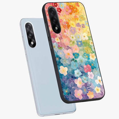 Multiple Background With Flower Glass Case for 1+Nord 5 angled mockup showcasing glossy glass finish and colorful detailing