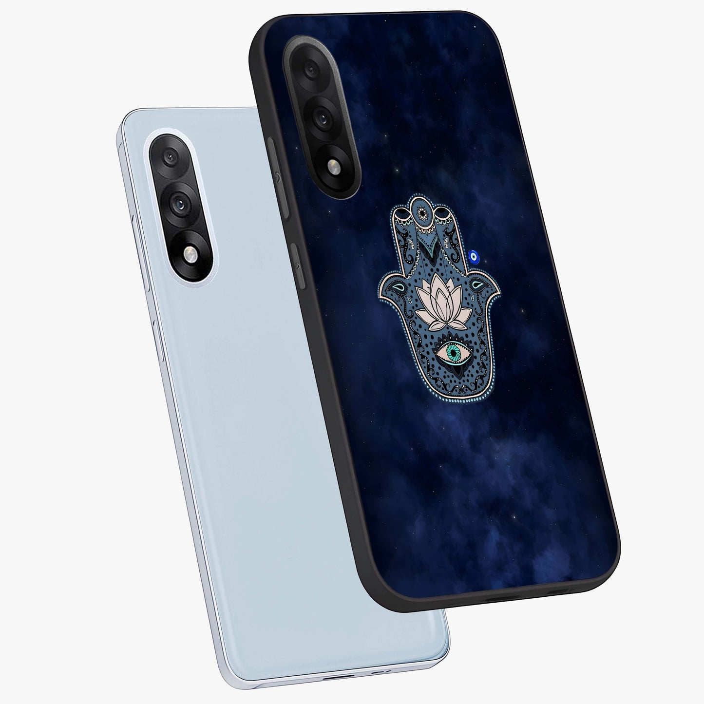 Mystic Calm Shield Glass Case for 1+Nord 5 angled mockup showcasing glossy finish and subtle mystical detailing