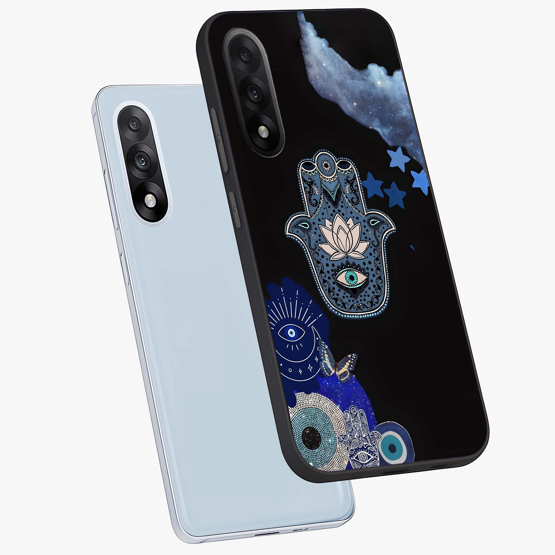 Mystic Hand Aura Glass Case for 1+Nord 5 angled mockup showcasing glossy finish and radiant mystical detailing