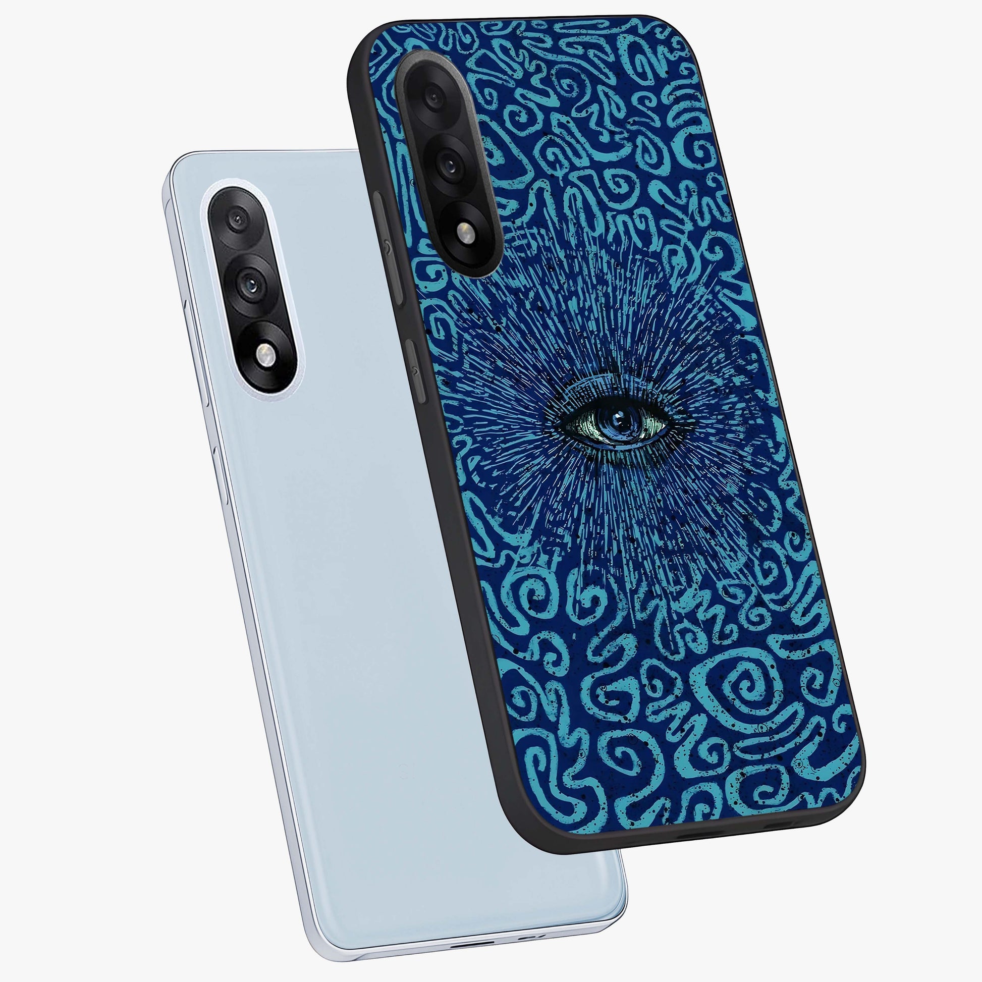 Mystic Inner Eye Glass Case for 1+Nord 5 angled mockup showcasing glossy finish and deep cosmic gradients