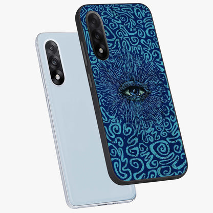 Mystic Inner Eye Glass Case for 1+Nord 5 angled mockup showcasing glossy finish and deep cosmic gradients
