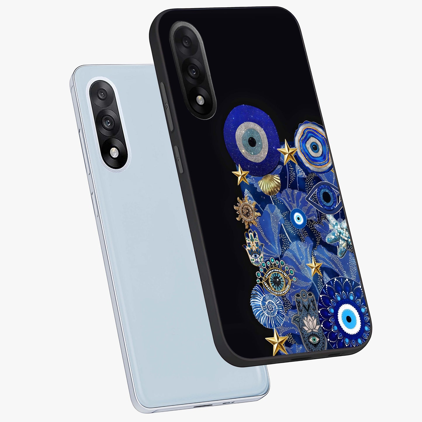 Mystic Ocean Eye Glass Case for 1+Nord 5 angled mockup showcasing glossy finish and fluid wave detailing