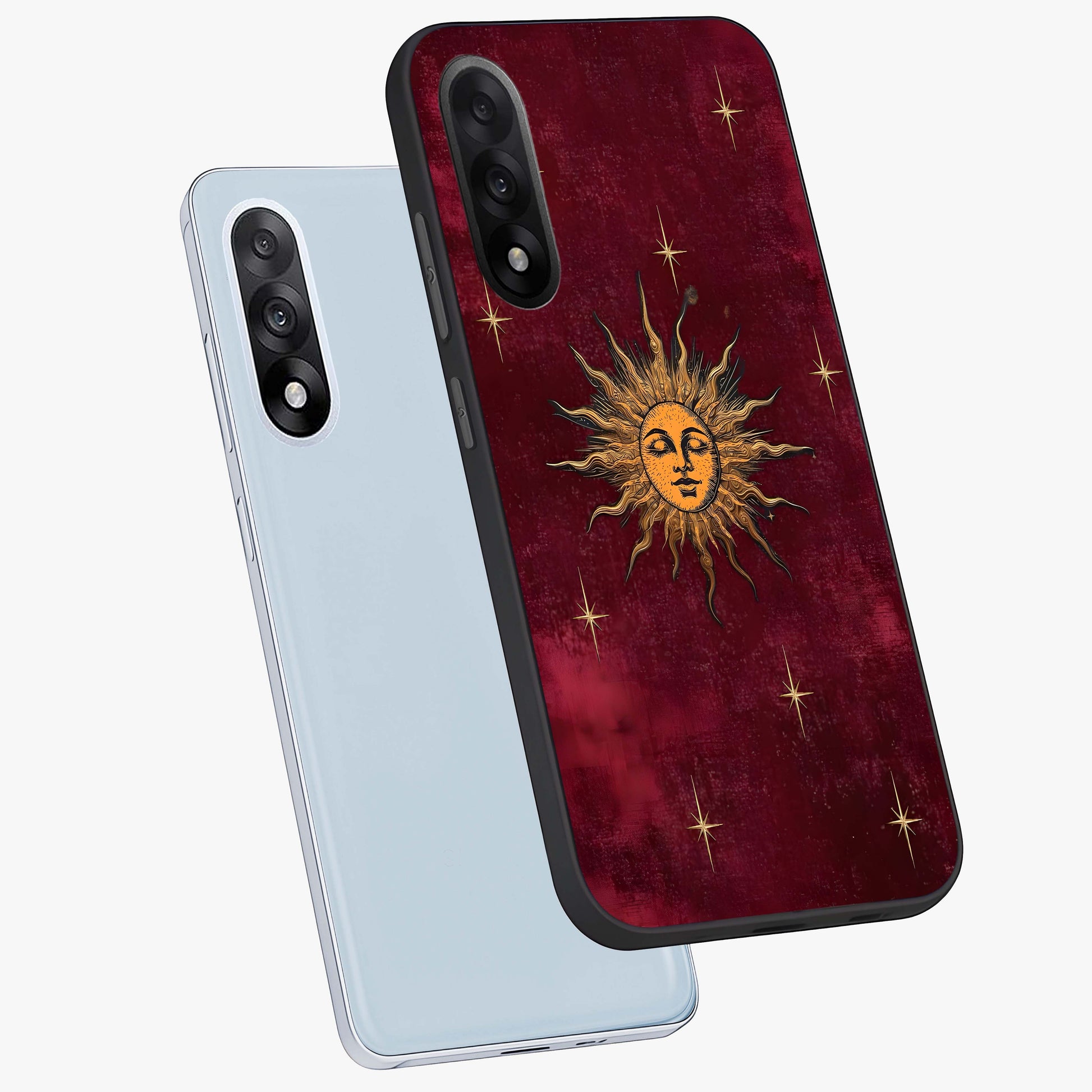 Mystic Solar Glow Glass Case for 1+Nord 5 angled mockup showcasing glossy glass finish and warm golden tones
