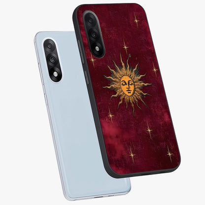 Mystic Solar Glow Glass Case for 1+Nord 5 angled mockup showcasing glossy glass finish and warm golden tones