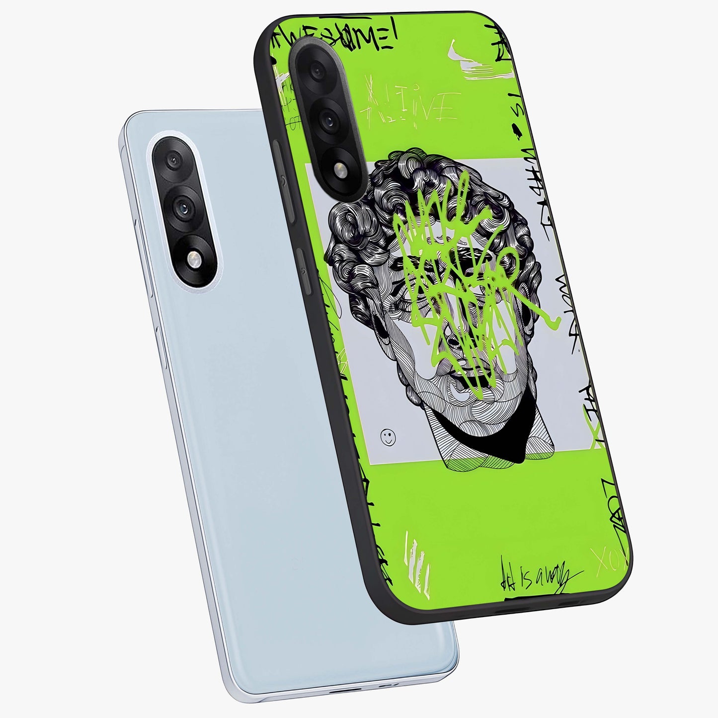 Neo Graffiti Rebellion Glass Case for 1+Nord 5 angled mockup showcasing glossy finish and urban neon detailing