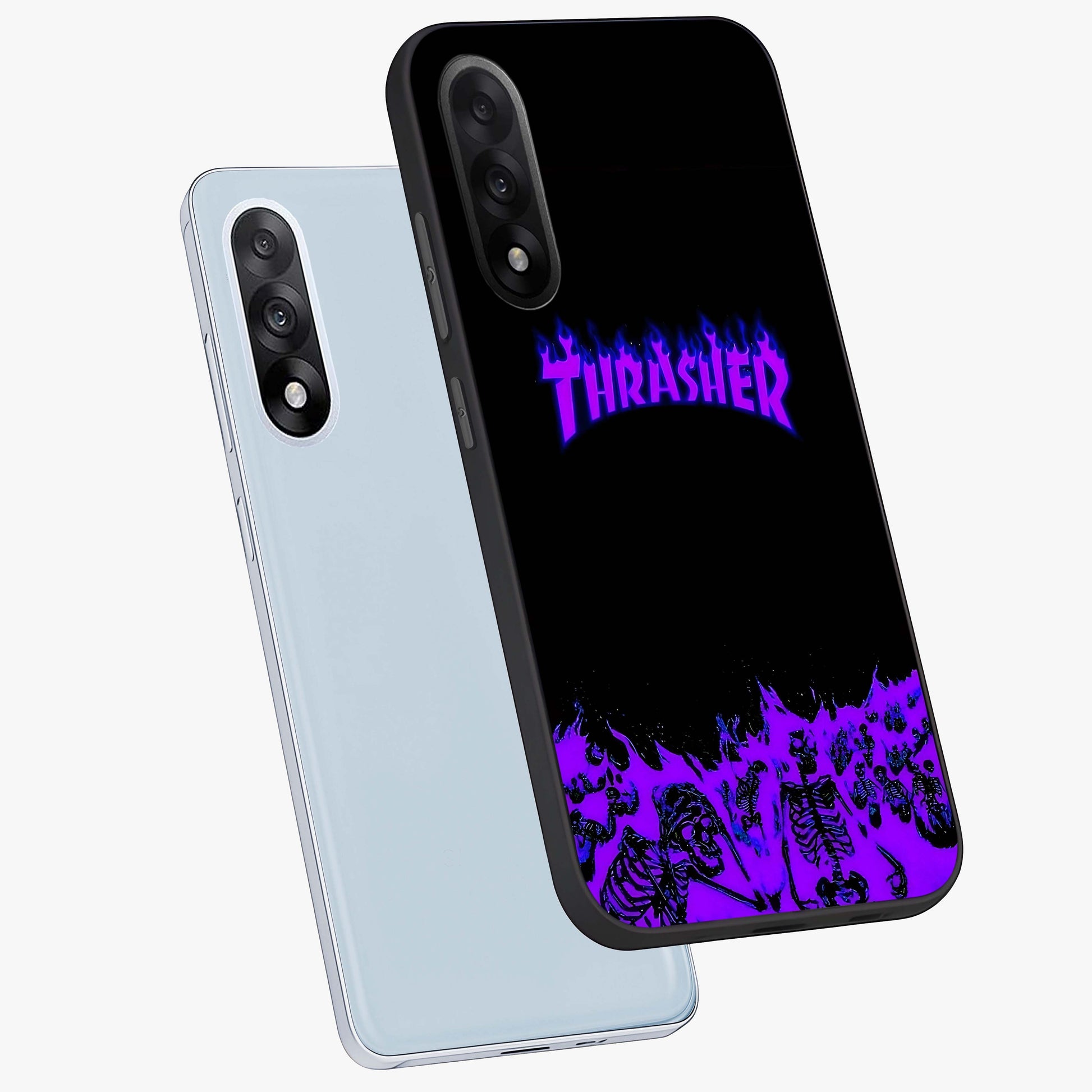 Neon Flame Riot Glass Case for 1+Nord 5 angled mockup showcasing glossy finish and high contrast colors
