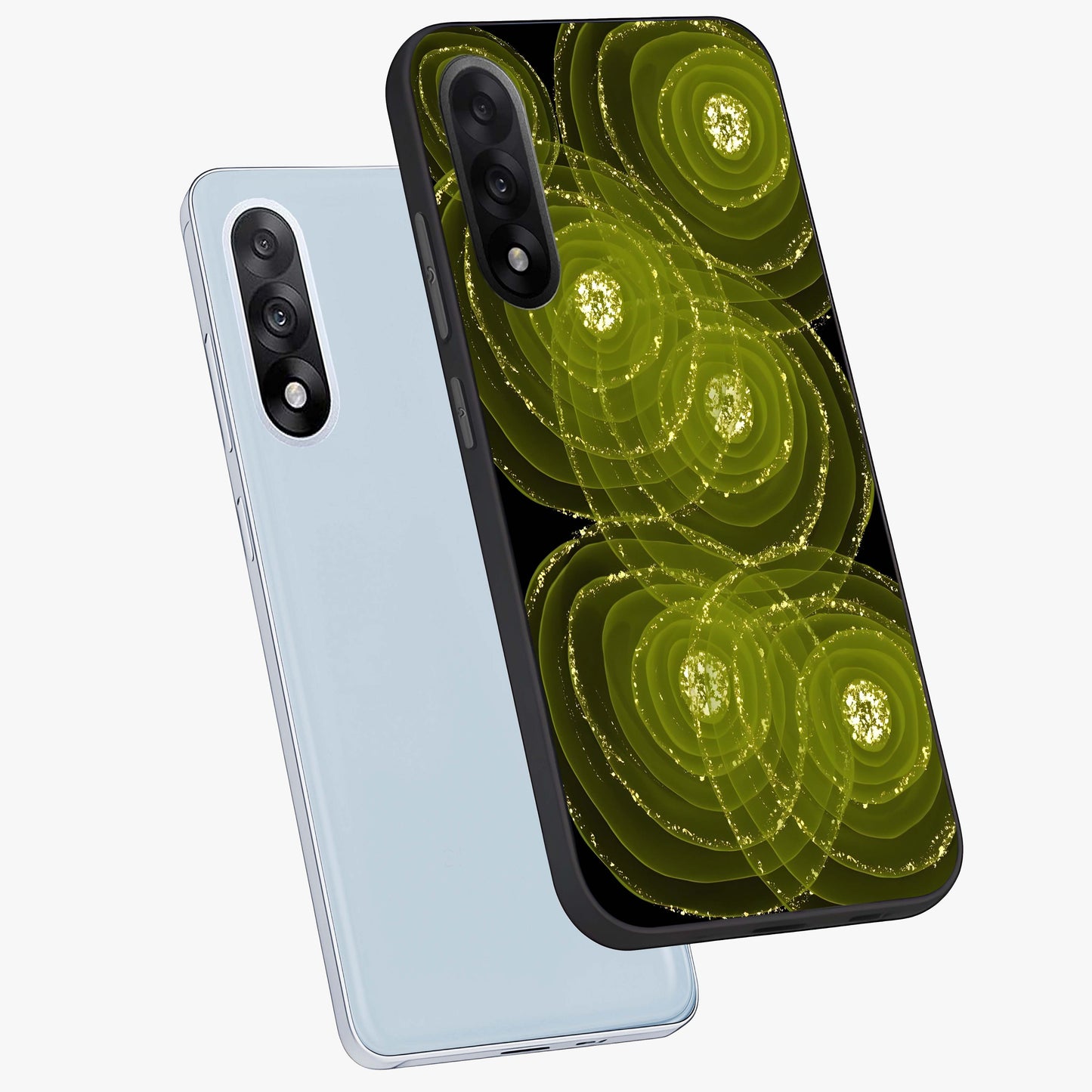 Neon Orbit Bloom Marble Glass Case for 1+Nord 5 angled mockup showcasing glossy finish and vibrant bloom detailing