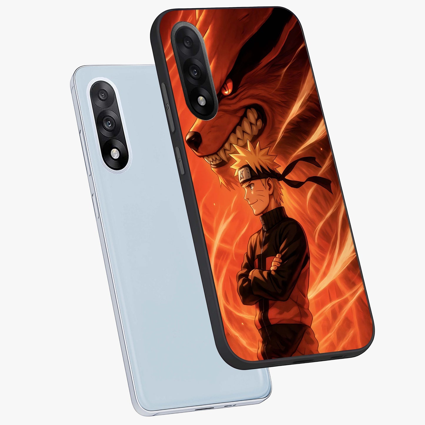 Nine Tails Legacy Glass Case for 1+Nord 5 angled mockup showcasing glossy finish and dramatic fiery tones