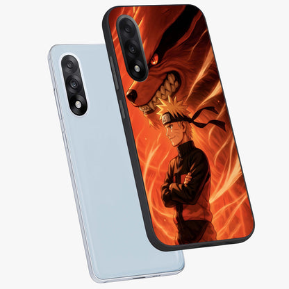 Nine Tails Legacy Glass Case for 1+Nord 5 angled mockup showcasing glossy finish and dramatic fiery tones