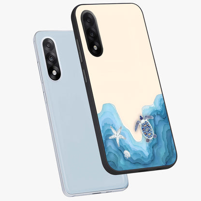 Ocean Drift Turtle Glass Case for 1+Nord 5 angled mockup showcasing glossy glass finish and fluid wave detailing