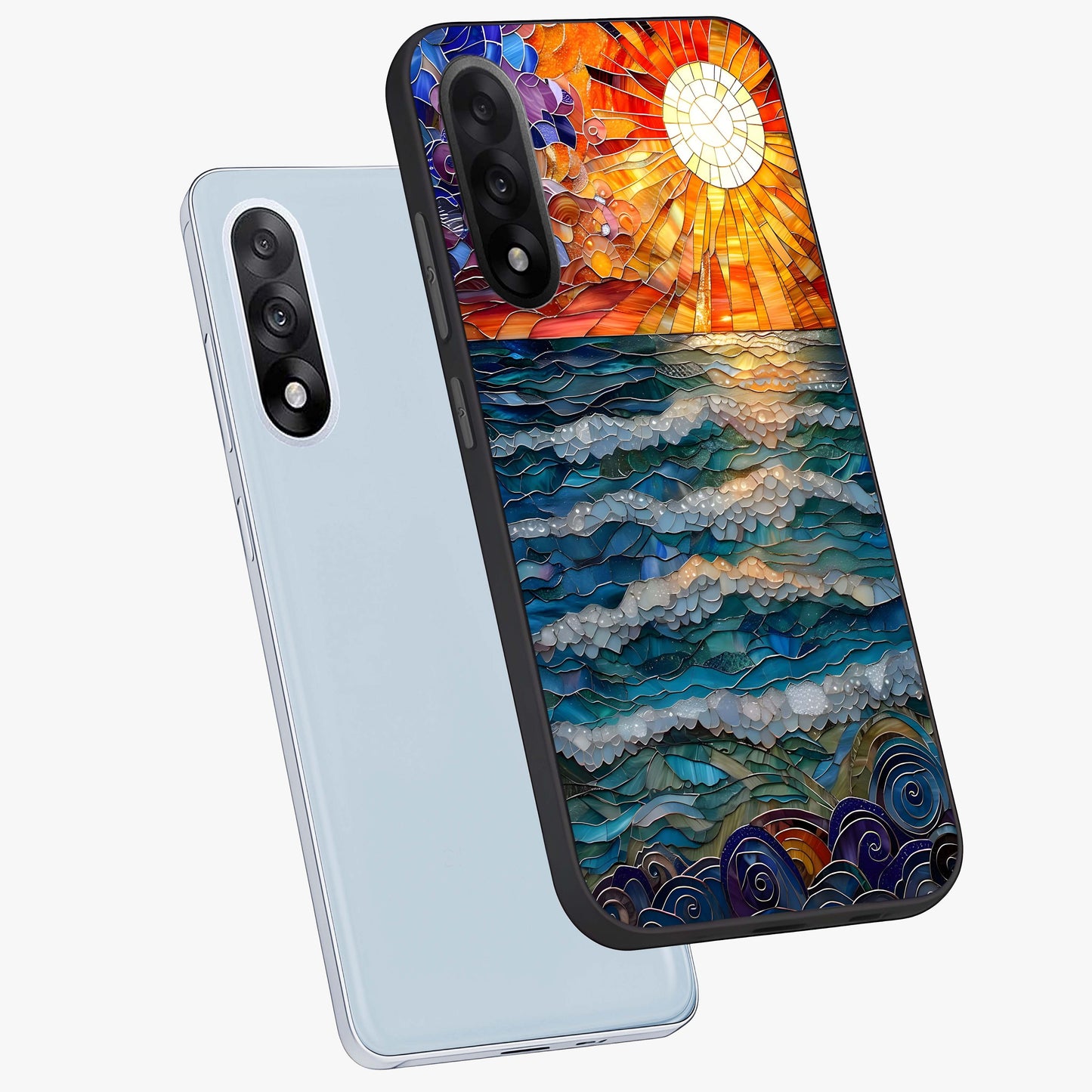 Oceanic Stained Printed Glass Case for 1+Nord 5 angled mockup showcasing glossy finish and rich aquatic tones