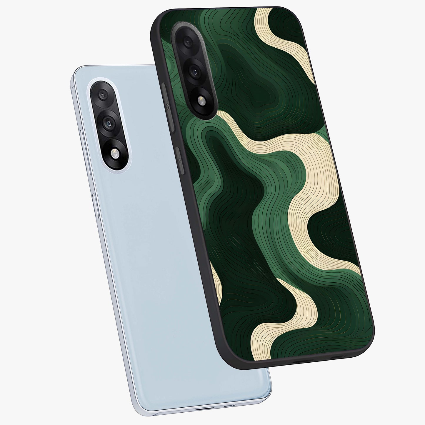 Organic Swirl Design Glass Case for 1+Nord 5 angled mockup showcasing glossy finish and smooth gradient tones