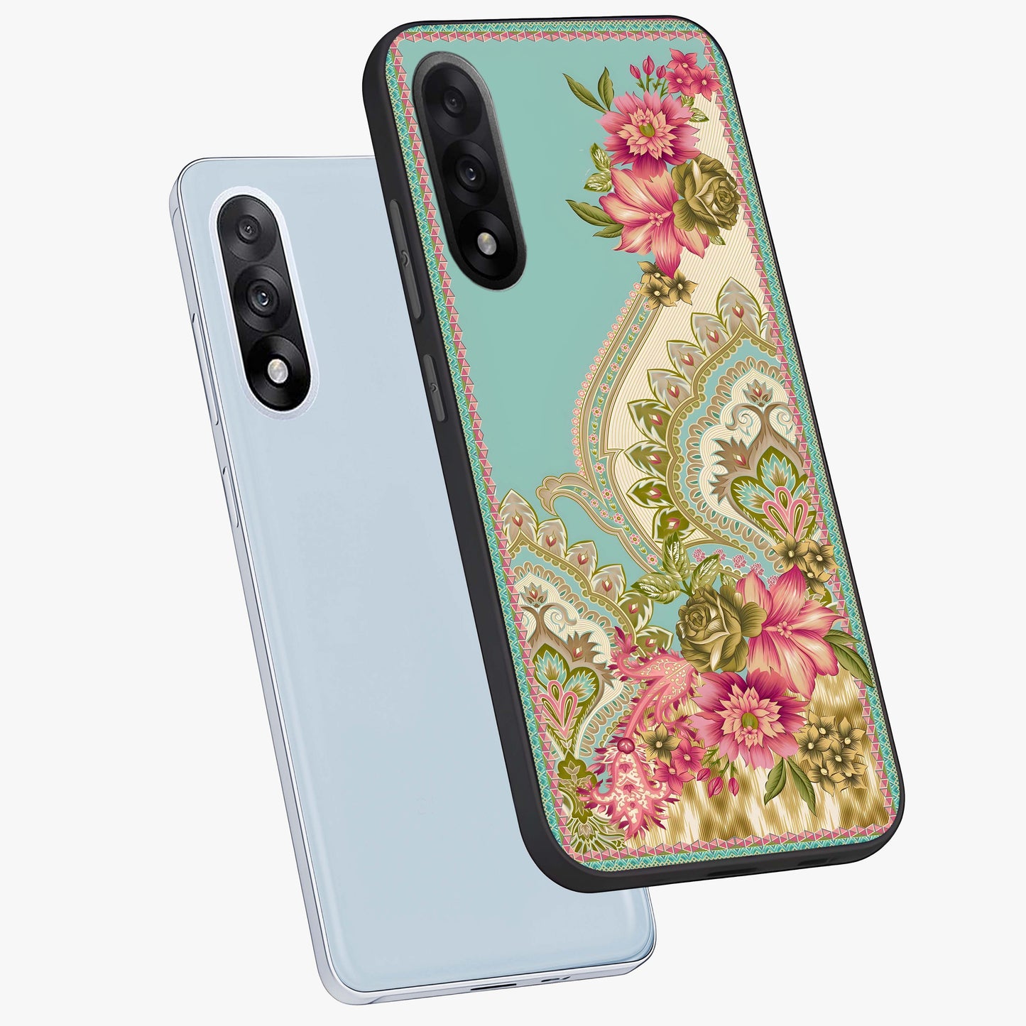 Ornate Mughal Floral Pattern Glass Case for 1+Nord 5 angled mockup showcasing glossy finish and rich heritage detailing