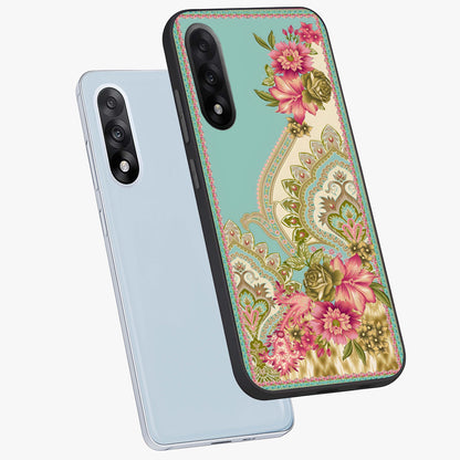 Ornate Mughal Floral Pattern Glass Case for 1+Nord 5 angled mockup showcasing glossy finish and rich heritage detailing