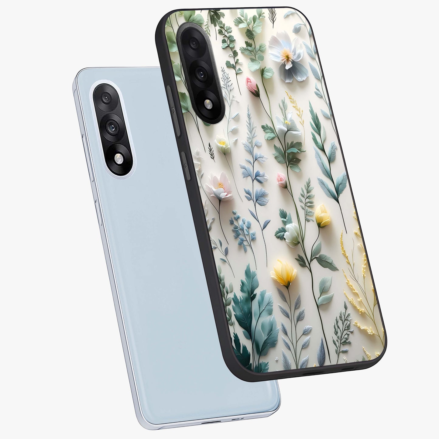 Pastel Garden Whispers Glass Case for 1+Nord 5 angled mockup showcasing glossy finish and gentle bloom tones