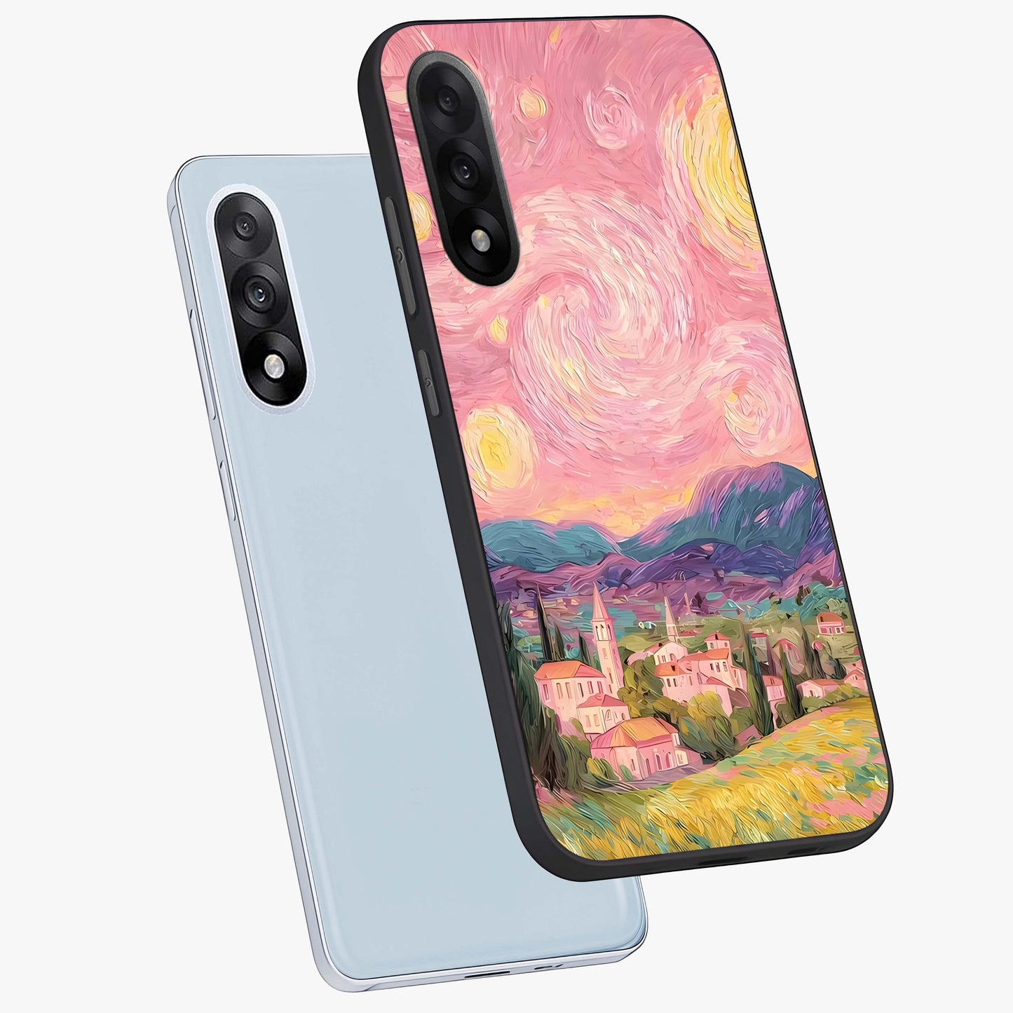 Pastel Starry Village Glass Case for 1+Nord 5 angled mockup showcasing glossy finish and soft celestial tones