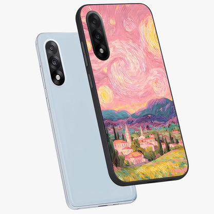 Pastel Starry Village Glass Case for 1+Nord 5 angled mockup showcasing glossy finish and soft celestial tones