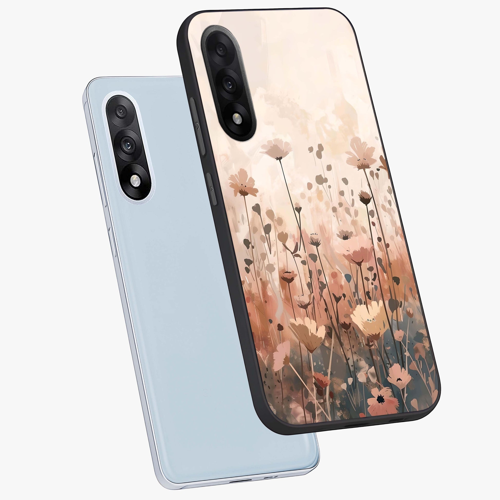 Pastel Wildflowers Glass Case for 1+Nord 5 angled mockup showcasing glossy finish and fresh floral detailing