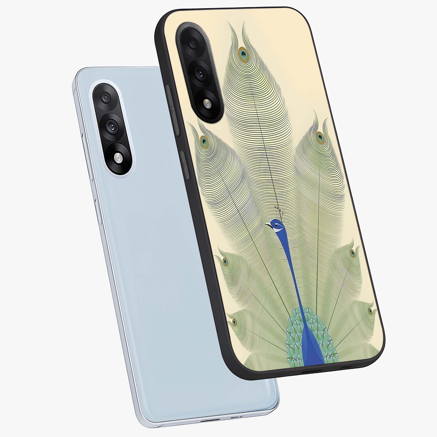 Peacock Feather Grace Glass Case for 1+Nord 5 angled mockup showcasing glossy glass finish and vibrant feather tones