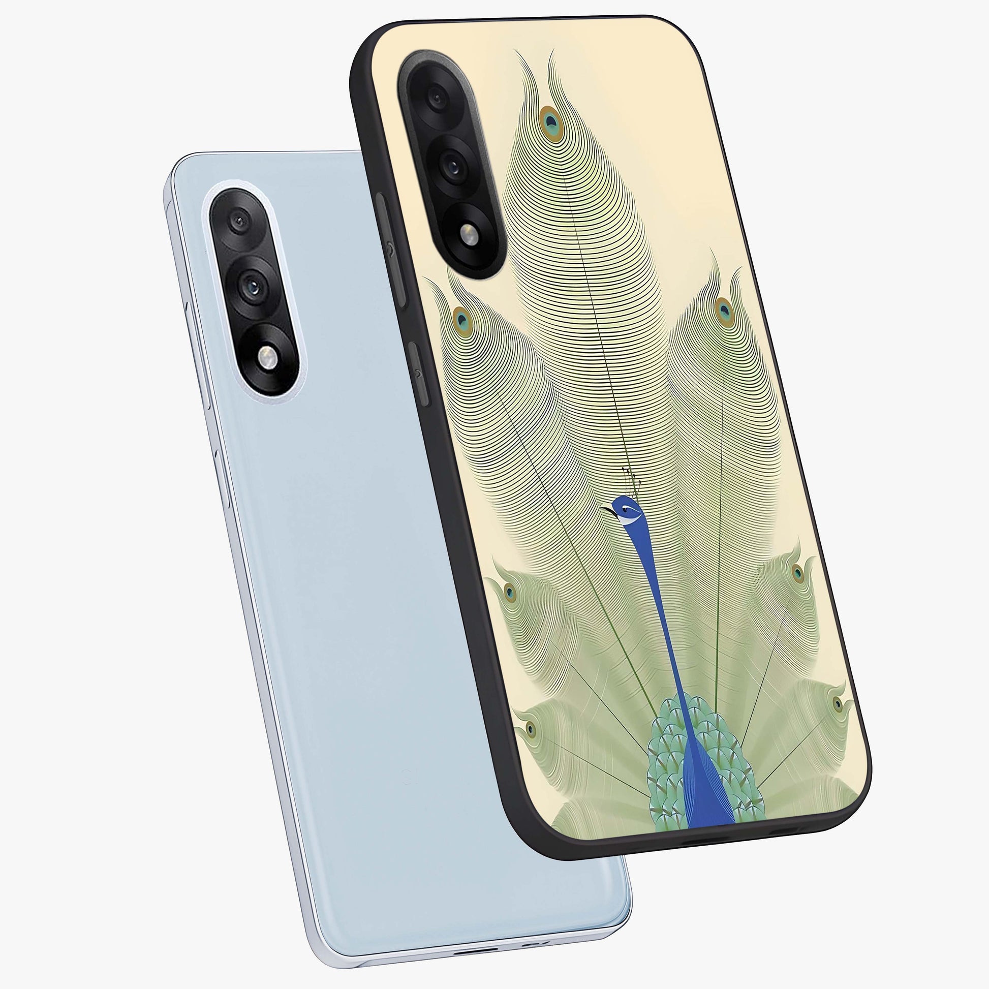 Peacock Feather Grace Glass Case for 1+Nord 5 angled mockup showcasing glossy glass finish and vibrant feather tones