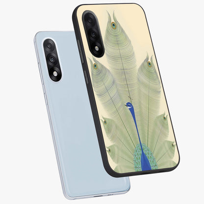 Peacock Feather Grace Glass Case for 1+Nord 5 angled mockup showcasing glossy glass finish and vibrant feather tones