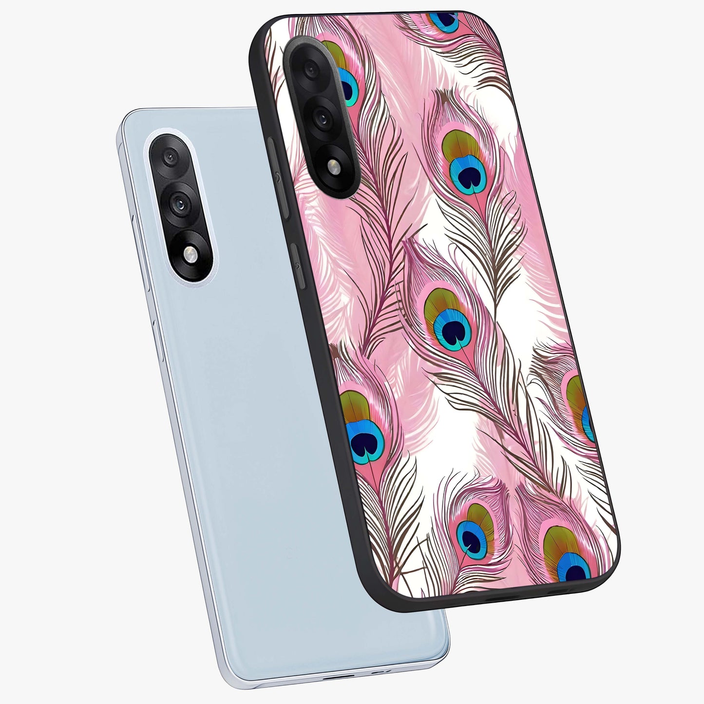 Peacock Feathers Floating Glass Case for 1+Nord 5 angled mockup showcasing glossy finish and graceful detailing