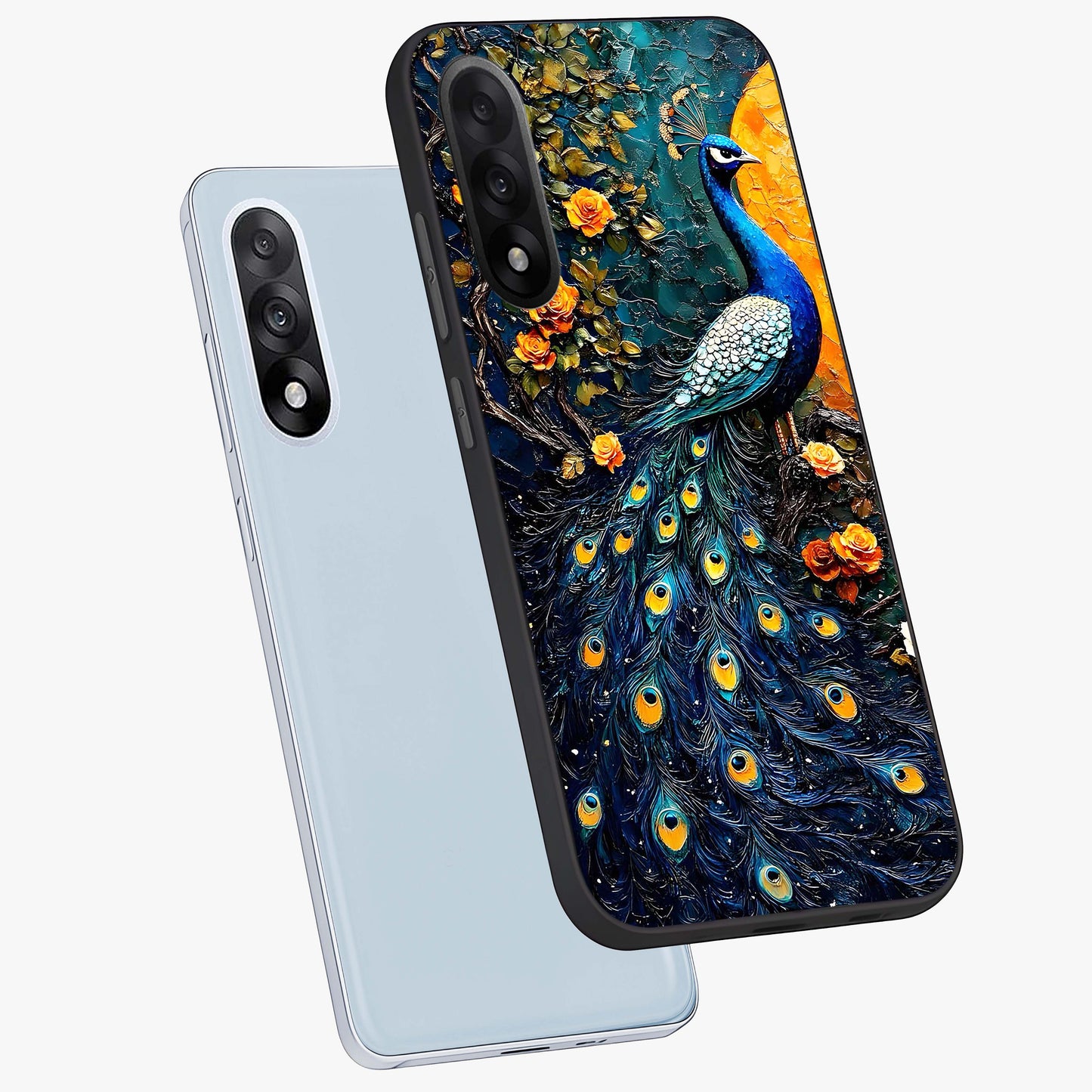 Peacock With Yellow Moon Glass Case for 1+Nord 5 angled mockup showcasing glossy finish and deep night tones