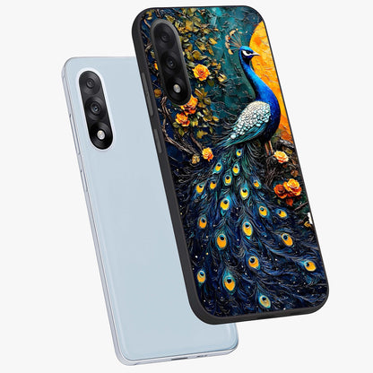 Peacock With Yellow Moon Glass Case for 1+Nord 5 angled mockup showcasing glossy finish and deep night tones