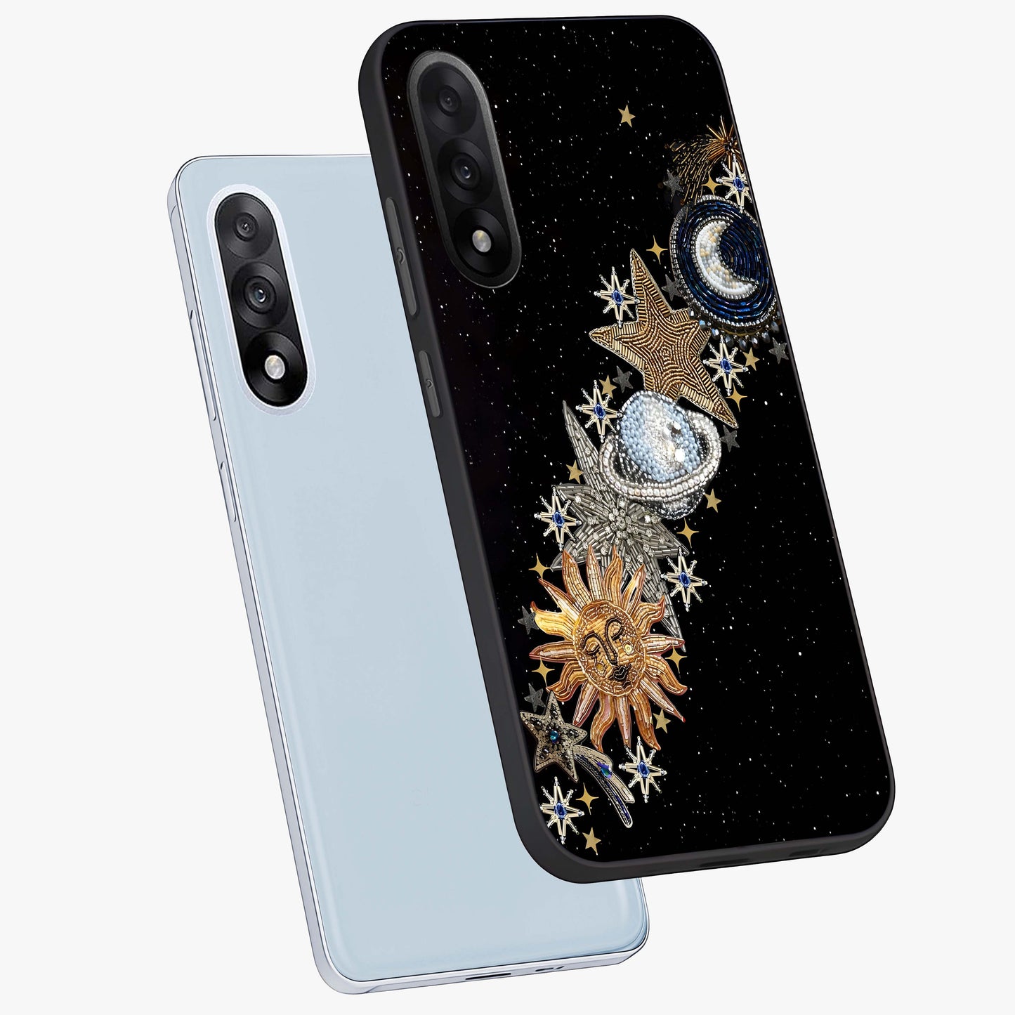 Pearls Universe Object Glass Case for 1+Nord 5 angled mockup showcasing glossy finish and luminous celestial tones