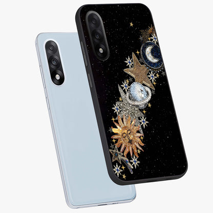 Pearls Universe Object Glass Case for 1+Nord 5 angled mockup showcasing glossy finish and luminous celestial tones