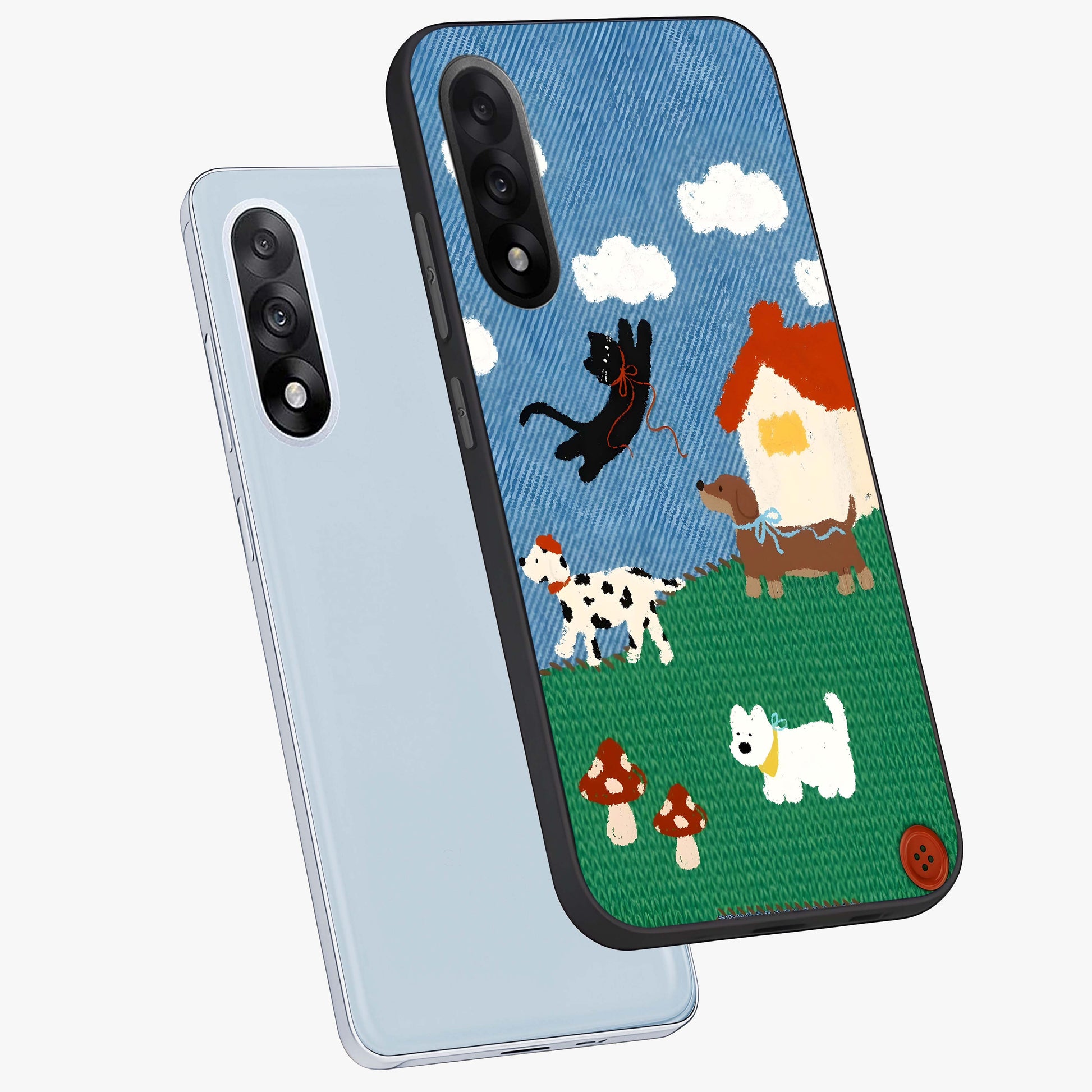 Pet Adventures Glass Case for 1+Nord 5 angled mockup showcasing glossy finish and vibrant cartoon tones