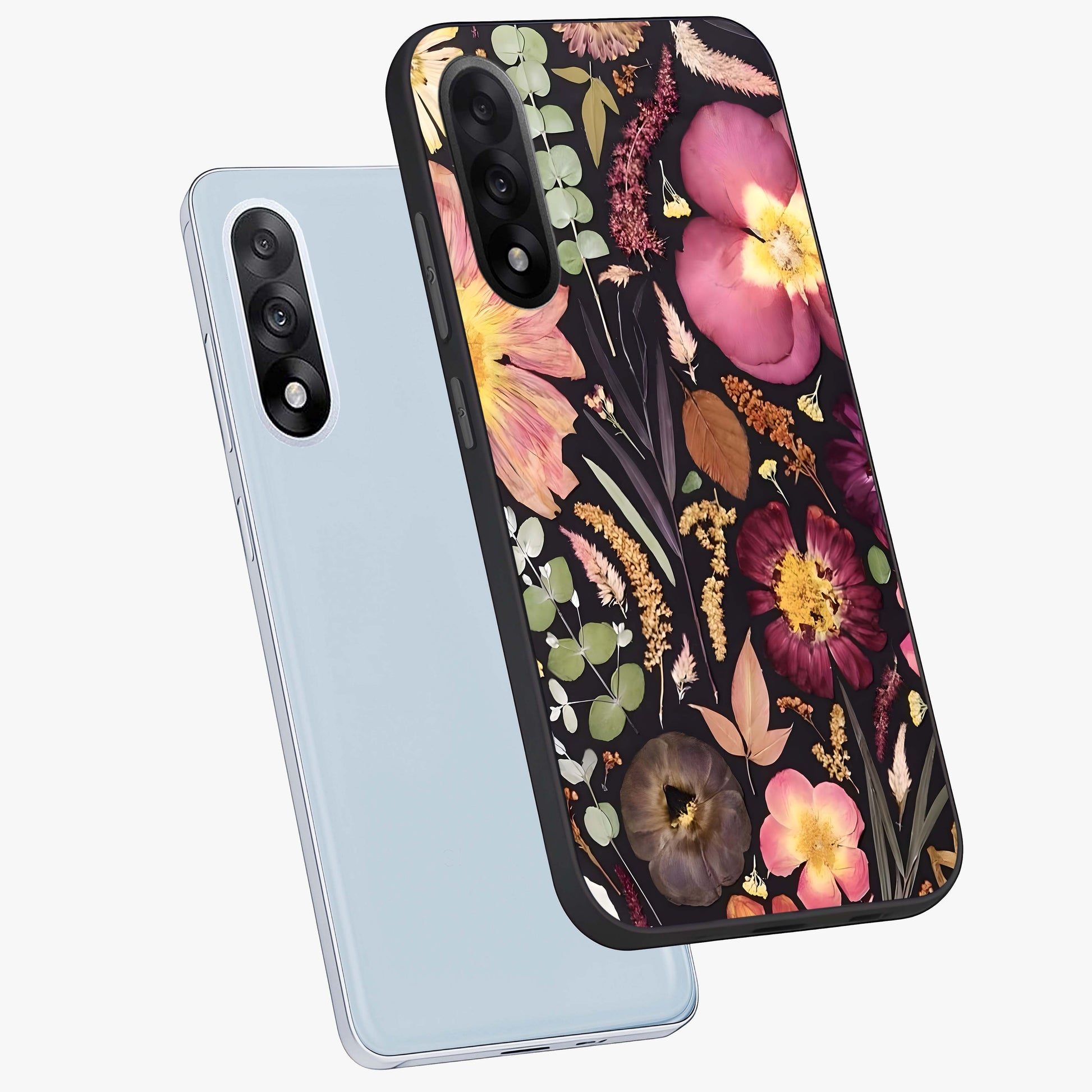 Petal Dream Tapestry Glass Case for 1+Nord 5 angled mockup showcasing glossy finish and rich bloom detailing